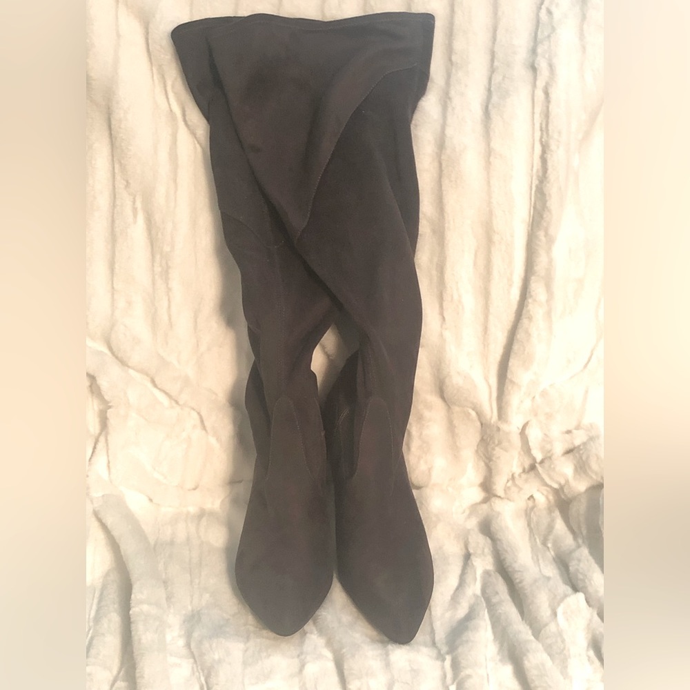 Torrid over the knee olive color stretch suede boots. 2” kitten heel size 10W.